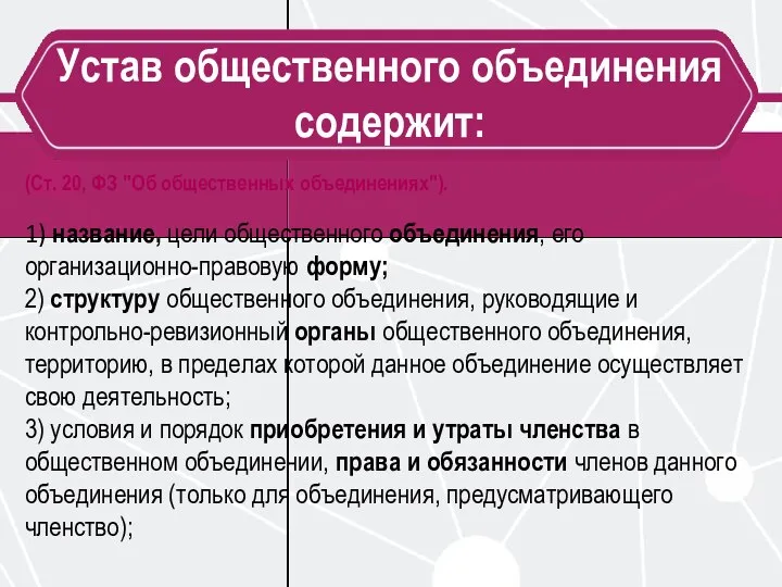 Устав общественного объединения содержит: (Ст. 20, ФЗ "Об общественных объединениях"). 1)