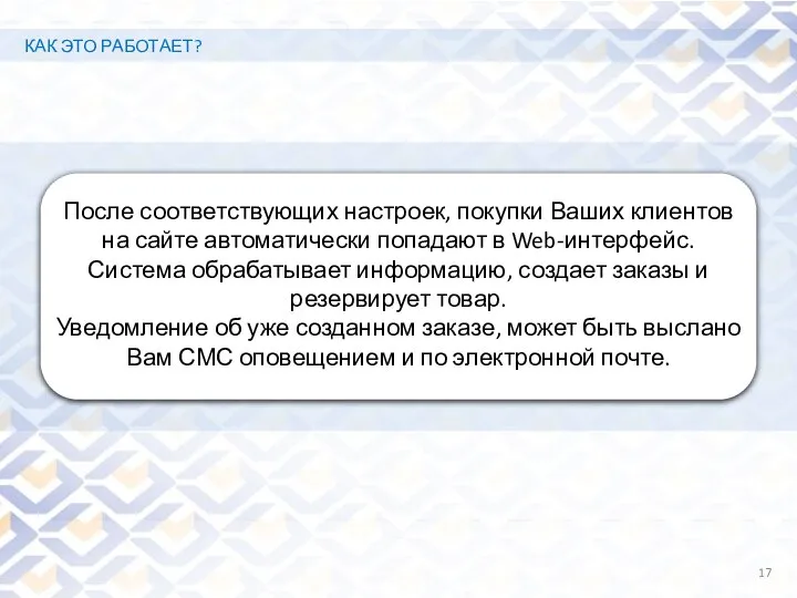 \ После соответствующих настроек, покупки Ваших клиентов на сайте автоматически попадают