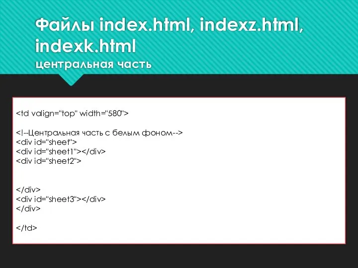 Файлы index.html, indexz.html, indexk.html центральная часть