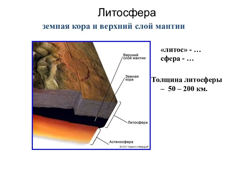 Литосфера Толщина литосферы – 50 – 200 км. «литос» - …