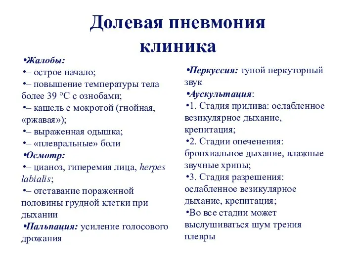 Долевая пневмония клиника Жалобы: – острое начало; – повышение температуры тела