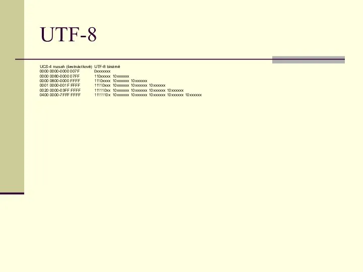 UTF-8 UCS-4 rozsah (šestnáctkově) UTF-8 binárně 0000 0000-0000 007F 0xxxxxxx 0000