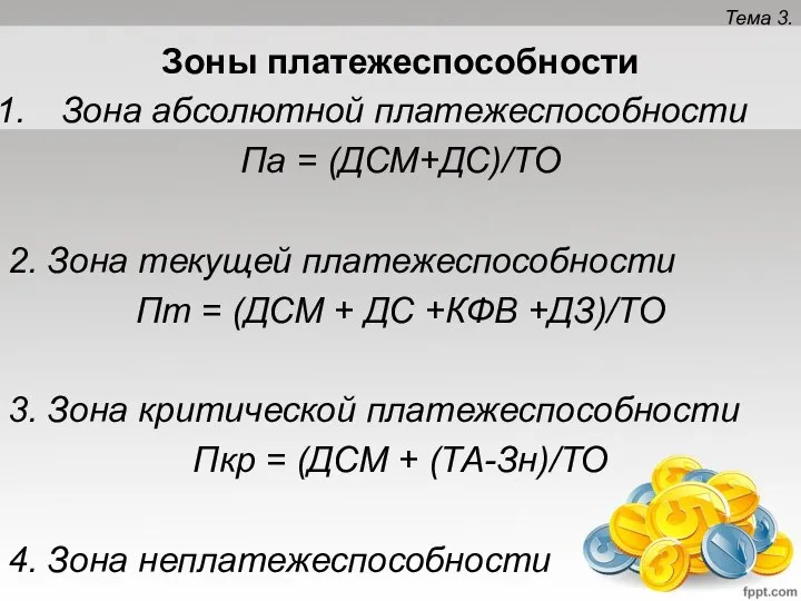 Тема 3. Зоны платежеспособности Зона абсолютной платежеспособности Па = (ДСМ+ДС)/ТО 2.