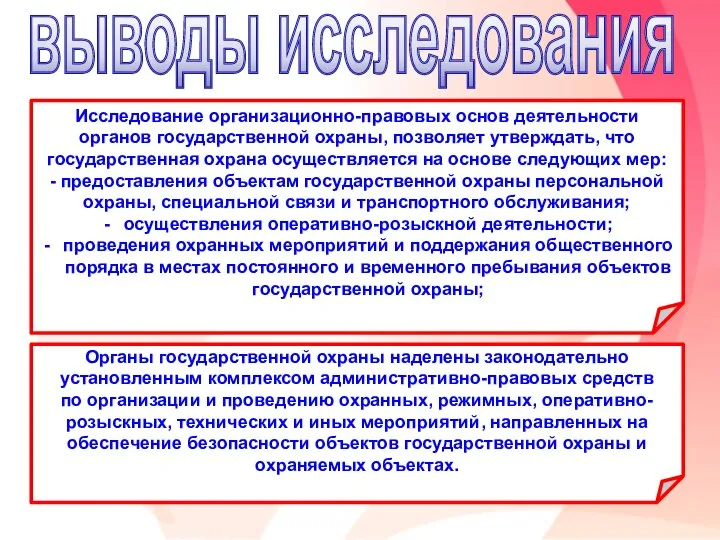 Исследование организационно-правовых основ деятельности органов государственной охраны, позволяет утверждать, что государственная