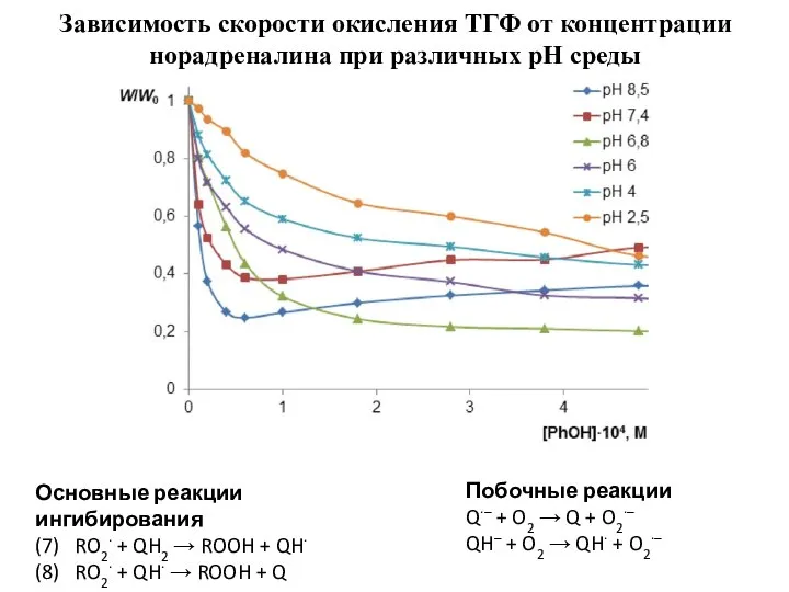 Зависимость скорости окисления ТГФ от концентрации норадреналина при различных pH среды