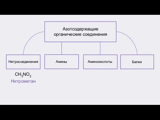 Азотсодержащие органические соединения Нитросоединения Амины Аминокислоты Белки CH3NO2 Нитрометан