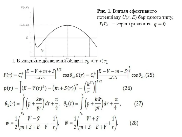 Рис. 1. Вигляд ефективного потенціалу U(r, E) бар’єрного типу; , –