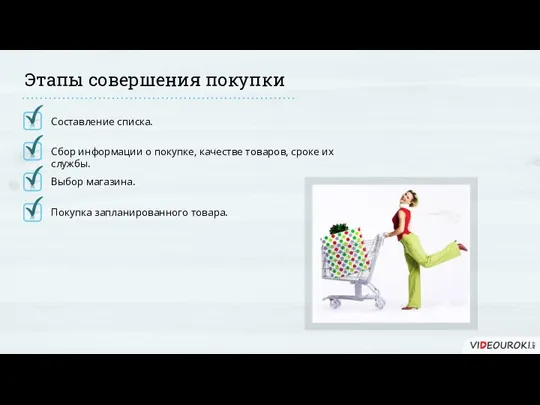 Этапы совершения покупки Покупка запланированного товара. Выбор магазина. Составление списка. Сбор