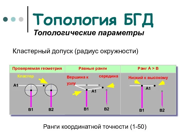 Топология БГД Топологические параметры Кластерный допуск (радиус окружности) Ранги координатной точности (1-50)