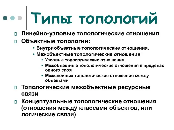 Типы топологий Линейно-узловые топологические отношения Объектные топологии: Внутриобъектные топологические отношения. Межобъектные