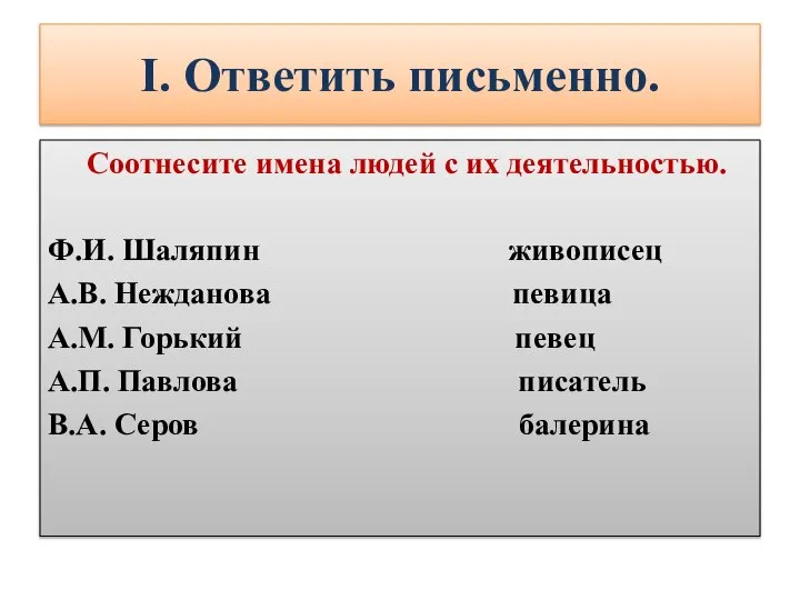 I. Ответить письменно. Соотнесите имена людей с их деятельностью. Ф.И. Шаляпин