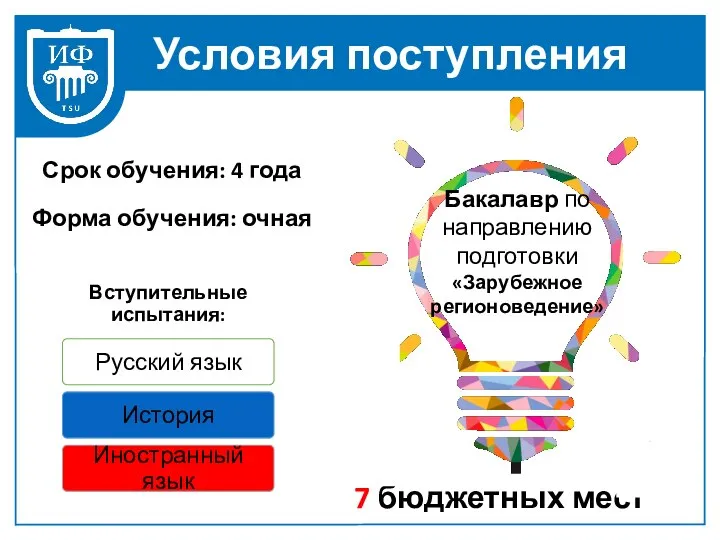Условия поступления Срок обучения: 4 года Форма обучения: очная Бакалавр по