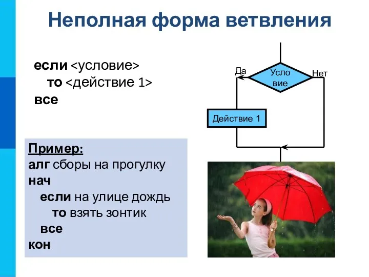 Неполная форма ветвления если то все Пример: алг сборы на прогулку