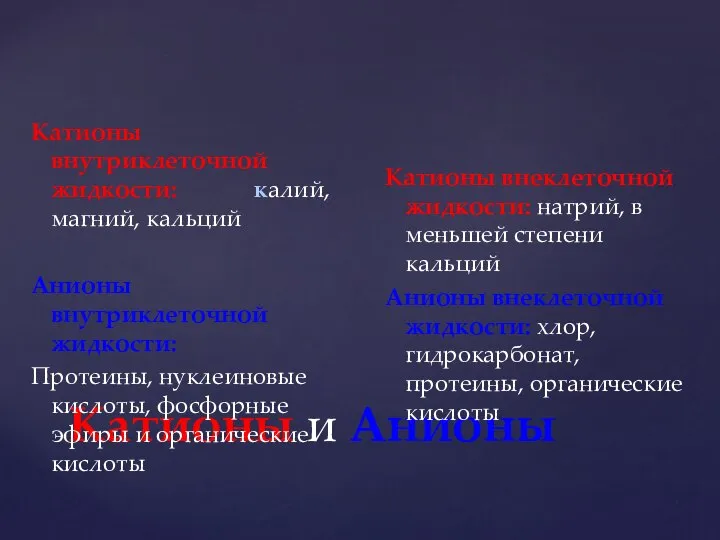 Катионы и Анионы Катионы внутриклеточной жидкости: калий, магний, кальций Анионы внутриклеточной