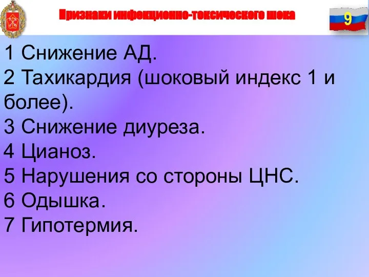 1 Снижение АД. 2 Тахикардия (шоковый индекс 1 и более). 3