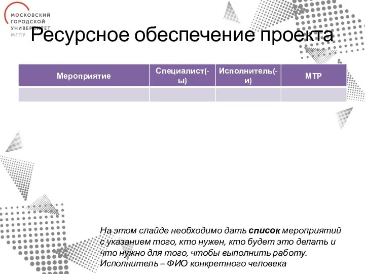 Ресурсное обеспечение проекта На этом слайде необходимо дать список мероприятий с