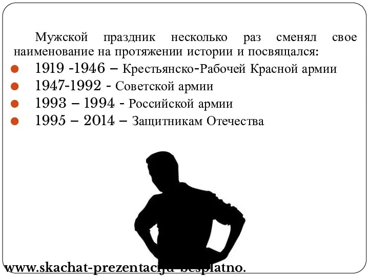 Мужской праздник несколько раз сменял свое наименование на протяжении истории и