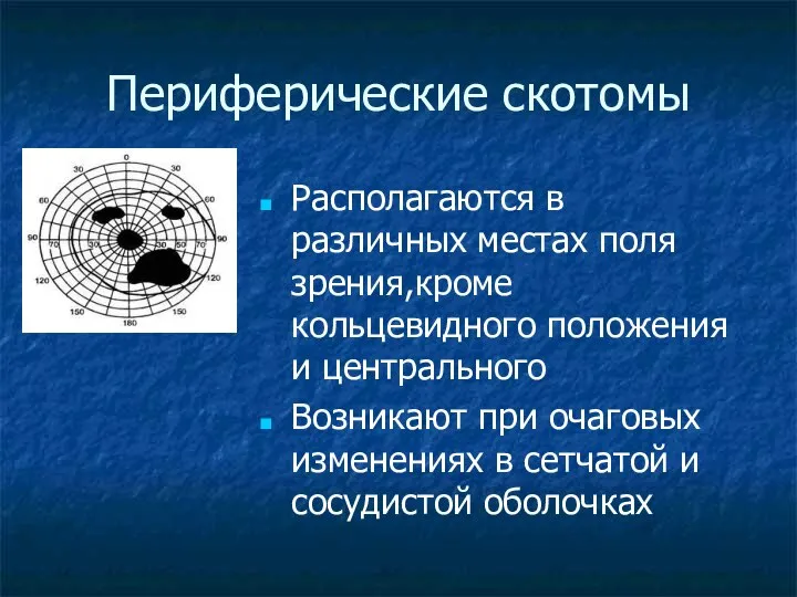 Периферические скотомы Располагаются в различных местах поля зрения,кроме кольцевидного положения и