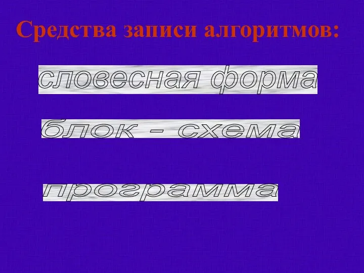 Средства записи алгоритмов: словесная форма блок - схема программа