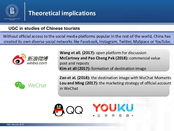 HSE, Moscow, 2018 UGC in studies of Chinese tourists Theoretical implications