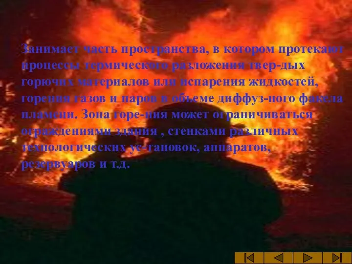 Зона горения Занимает часть пространства, в котором протекают процессы термического разложения