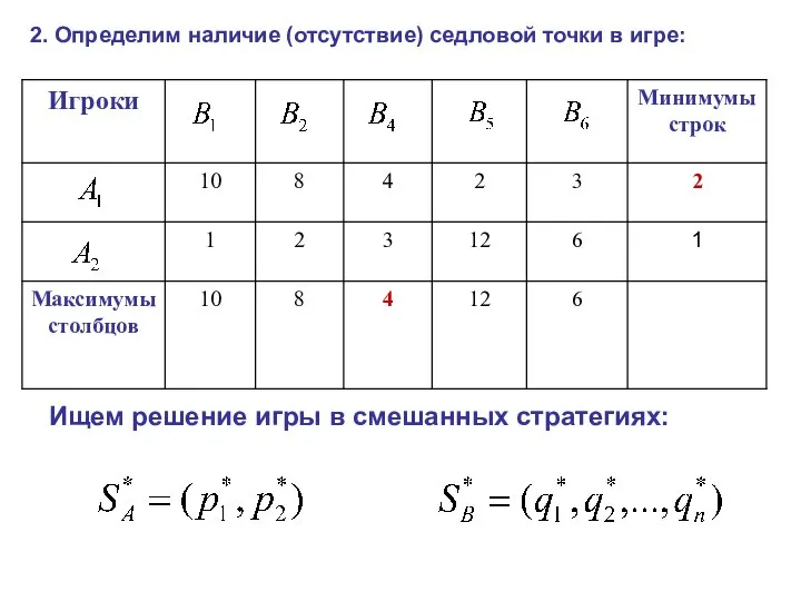 2. Определим наличие (отсутствие) седловой точки в игре: Ищем решение игры в смешанных стратегиях: