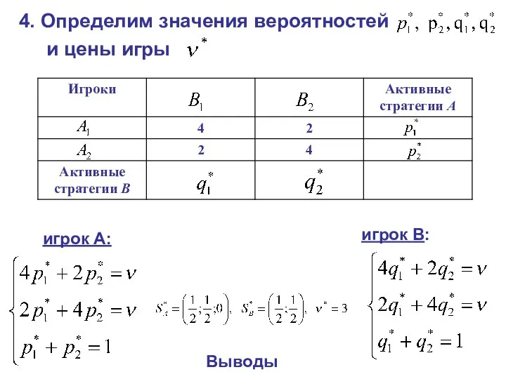 4. Определим значения вероятностей и цены игры игрок А: игрок В: Выводы