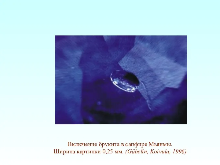 Включение брукита в сапфире Мьянмы. Ширина картинки 0,25 мм. (Gübelin, Koivula, 1996)