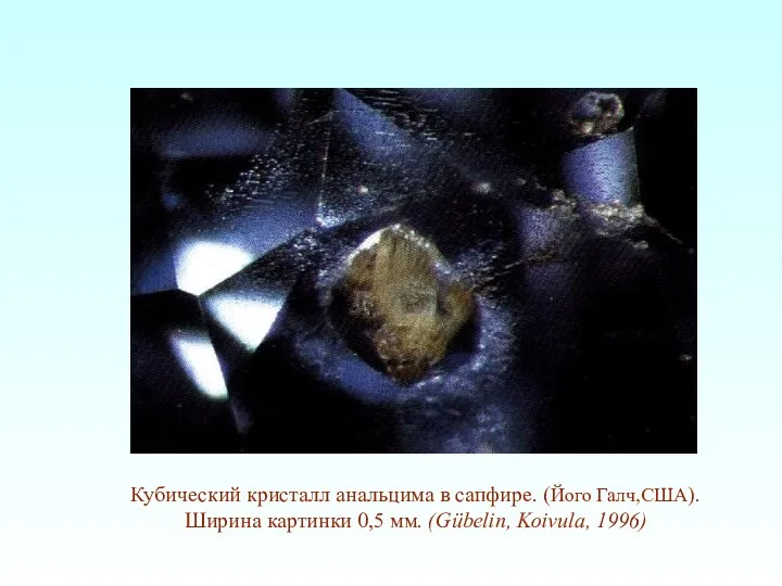 Кубический кристалл анальцима в сапфире. (Його Галч,США). Ширина картинки 0,5 мм. (Gübelin, Koivula, 1996)