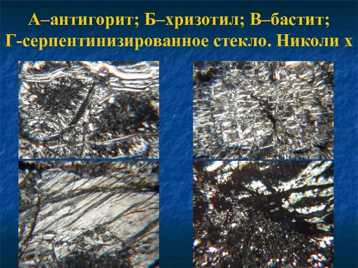 А–антигорит; Б–хризотил; В–бастит; Г-серпентинизированное стекло. Николи х