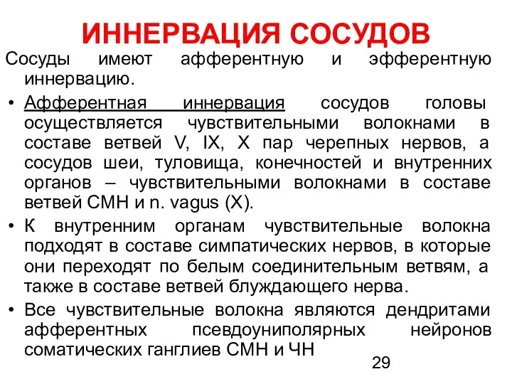 ИННЕРВАЦИЯ СОСУДОВ Сосуды имеют афферентную и эфферентную иннервацию. Афферентная иннервация сосудов