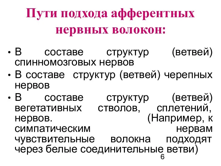 Пути подхода афферентных нервных волокон: В составе структур (ветвей) спинномозговых нервов