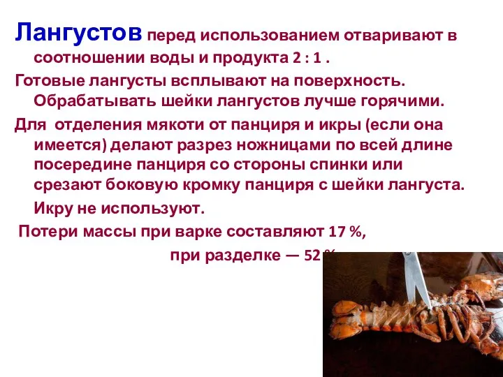 Лангустов перед использованием отваривают в соотношении воды и продукта 2 :