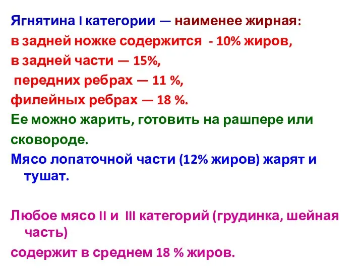 Ягнятина I категории — наименее жирная: в задней ножке содержится -