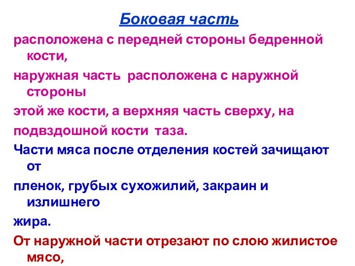 Боковая часть расположена с передней стороны бедренной кости, наружная часть расположена