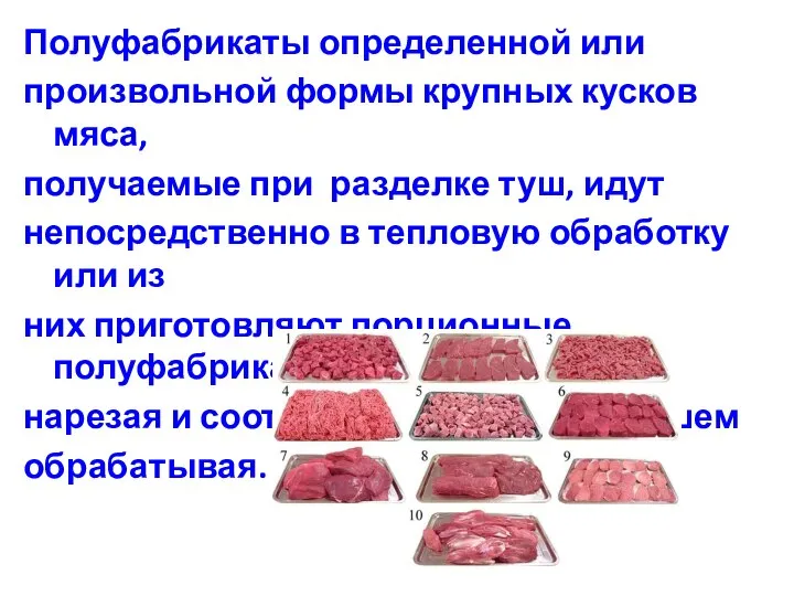 Полуфабрикаты определенной или произвольной формы крупных кусков мяса, получаемые при разделке