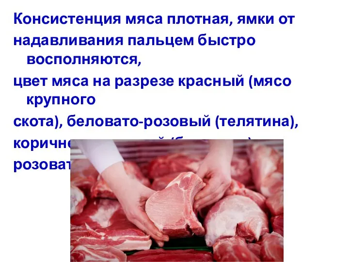 Консистенция мяса плотная, ямки от надавливания пальцем быстро восполняются, цвет мяса