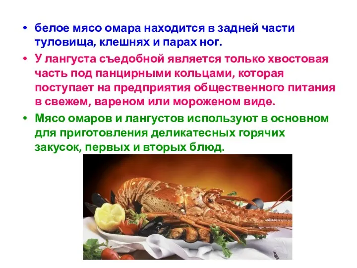 белое мясо омара находится в задней части туловища, клешнях и парах