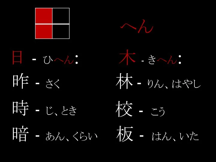 へん 日 - ひへん: 昨 - さく 時 - じ、とき 暗