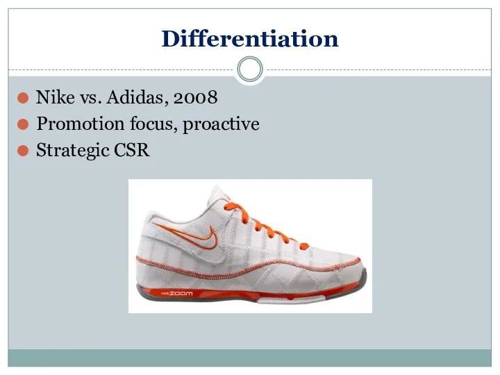 Nike vs. Adidas, 2008 Promotion focus, proactive Strategic CSR Differentiation