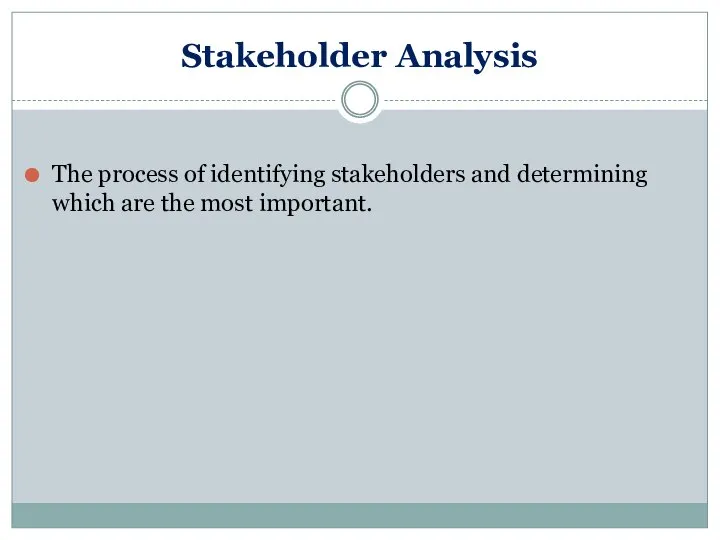 Stakeholder Analysis The process of identifying stakeholders and determining which are the most important.