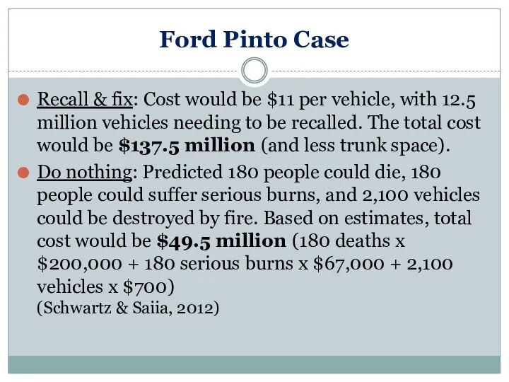 Ford Pinto Case Recall & fix: Cost would be $11 per