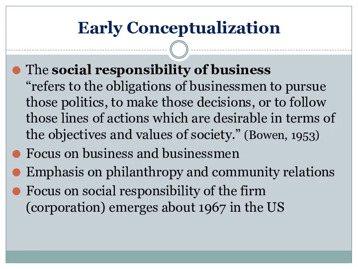 Early Conceptualization The social responsibility of business “refers to the obligations