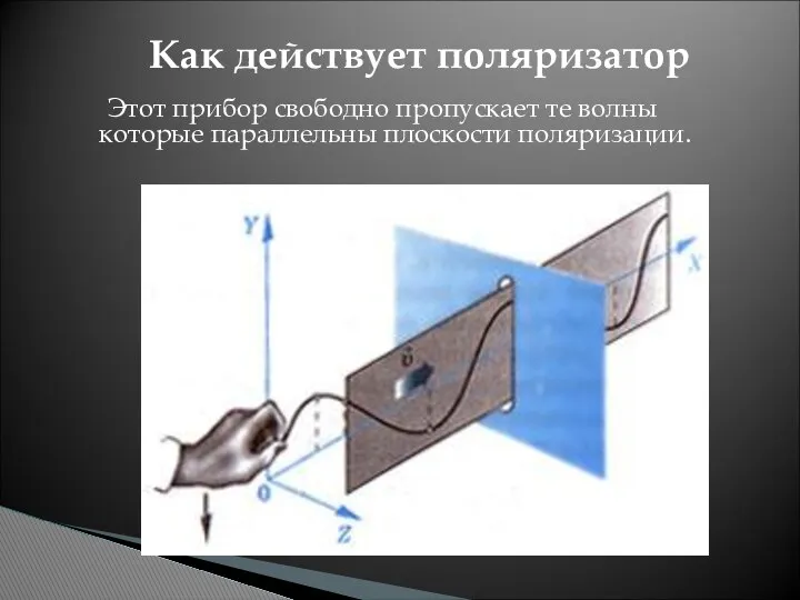 Этот прибор свободно пропускает те волны которые параллельны плоскости поляризации. Как действует поляризатор