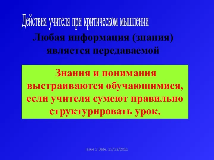 Issue 1 Date: 15/12/2011 Любая информация (знания) является передаваемой Знания и