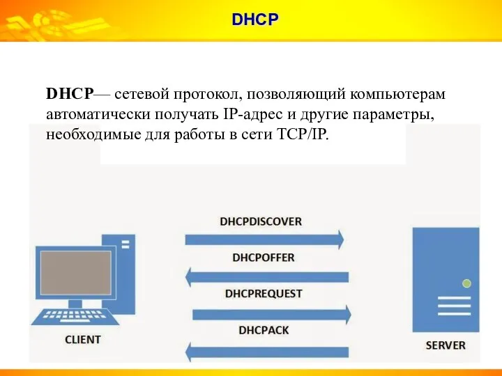 DHCP DHCP— сетевой протокол, позволяющий компьютерам автоматически получать IP-адрес и другие