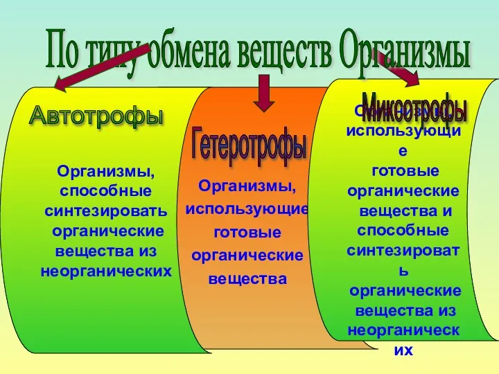 Организмы, использующие готовые органические вещества Организмы, способные синтезировать органические вещества из