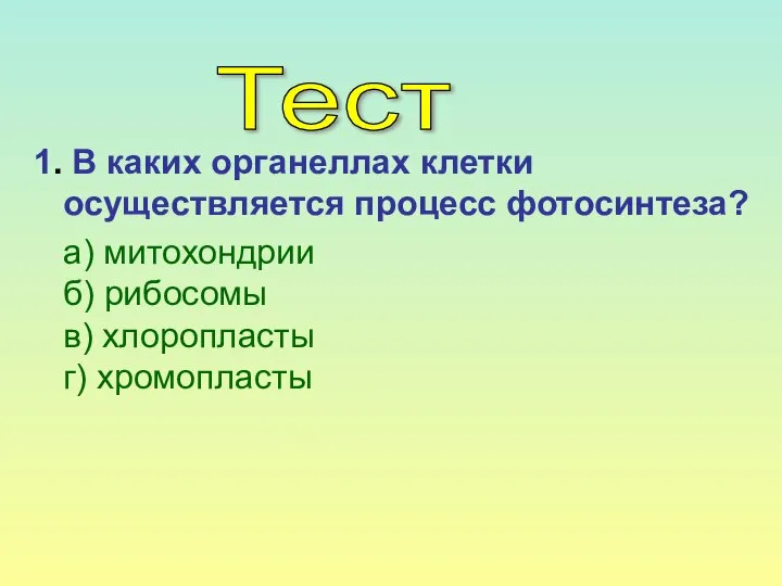 1. В каких органеллах клетки осуществляется процесс фотосинтеза? а) митохондрии б)