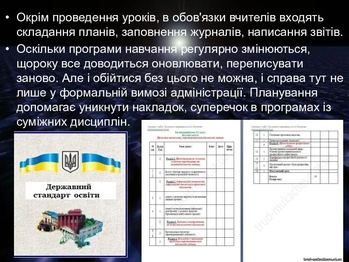 Окрім проведення уроків, в обов'язки вчителів входять складання планів, заповнення журналів,