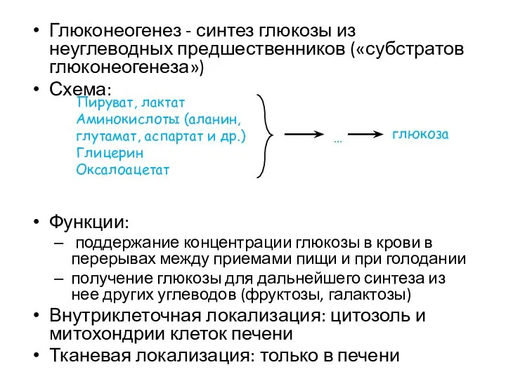 Глюконеогенез - синтез глюкозы из неуглеводных предшественников («субстратов глюконеогенеза») Схема: Функции: